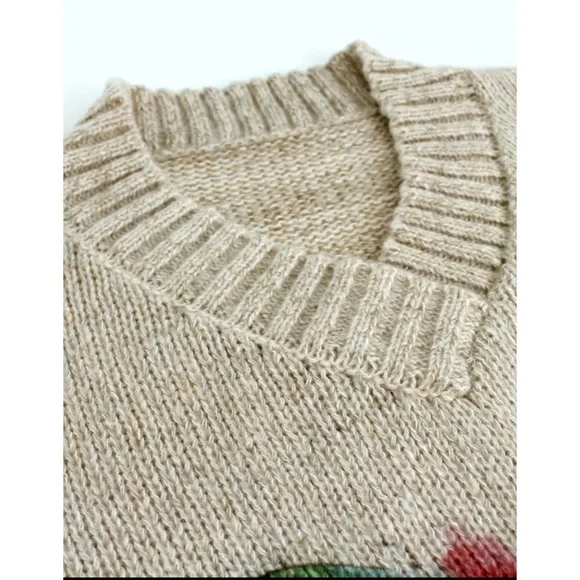 NEW Beige Dragonfly Pattern V Neck Oversized Pullover Sweater -Soft and Cozy! - Picture 5 of 5